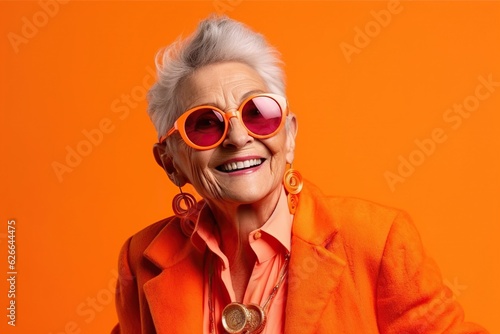 Happy senior woman in colorful orange outfit, cool sunglasses, laughing and having fun in fashion studio © iridescentstreet