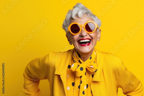 Happy senior woman in colorful yellow outfit, cool sunglasses, laughing and having fun in fashion studio © iridescentstreet