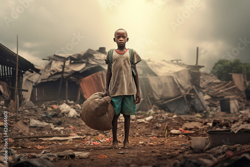 Fototapet Portrait of little kid, dirty boy standing in poor african village, concept of h