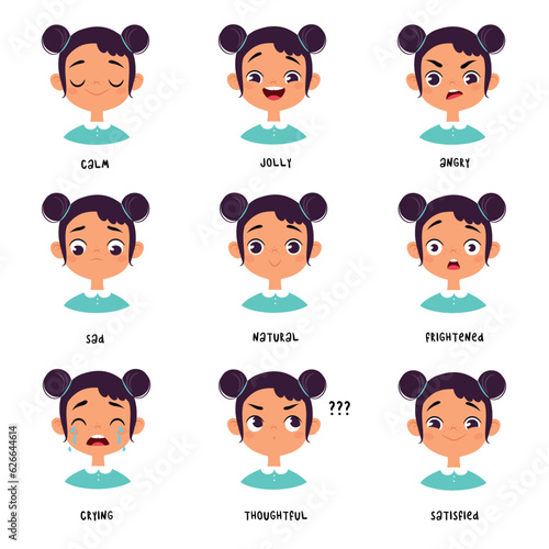 Cute Girl Emotions and Face Expressions Vector Set