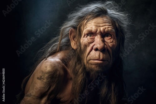 Portrait of a neanderthal man, prehistoric human, tribal caveman in a dark cave, hunter from prehistory era