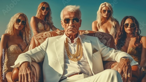 Wealthy senior man at luxury yacht party, oligarch lifestyle with glamorous women, billionaire summer cruise vacation © iridescentstreet