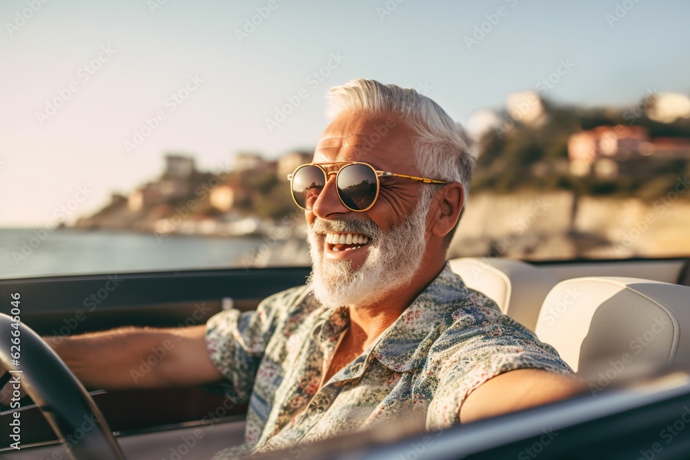 Happy bearded senior man enjoying summer road trip in Italy, luxury cabrio adventure, wealth and freedom lifestyle - obrazy, fototapety, plakaty 