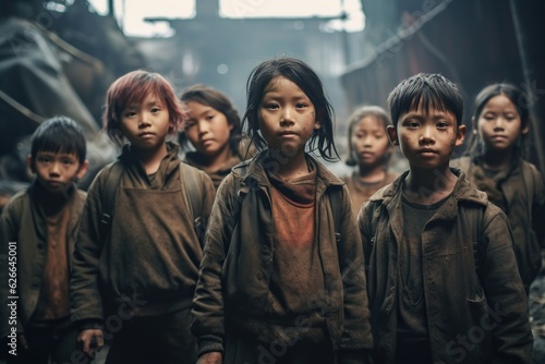 Group portrait of young asian children forced into labor  working in a dirty factory  facing poverty and abuse  concept of child slavery