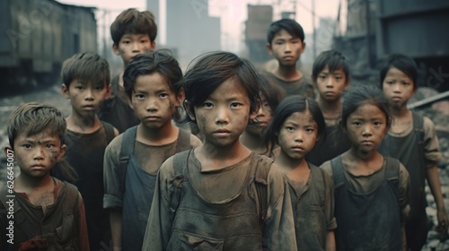 Group portrait of young asian children forced into labor, working in a dirty factory, facing poverty and abuse, concept of child slavery