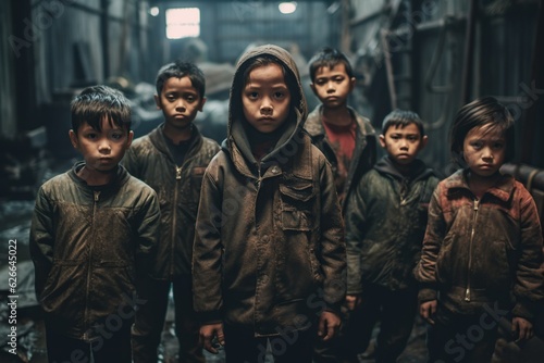 Group portrait of young asian children forced into labor, working in a dirty factory, facing poverty and abuse, concept of child slavery