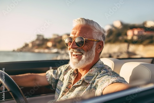Tableau sur toile Happy bearded senior man enjoying summer road trip in Italy, luxury cabrio adven