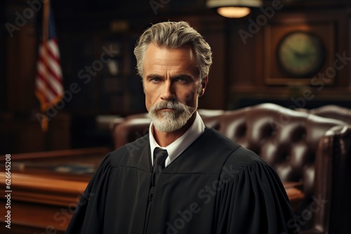 Portrait of a senior judge in robe, presiding over a trial in courtroom, handsome bearded man ensuring justice and delivering verdict in court