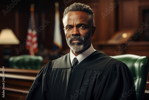 Portrait of a senior African American judge in robe, presiding over a trial in courtroom, handsome bearded man ensuring justice