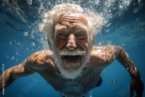 Active senior man swimming underwater with a close-up of his face