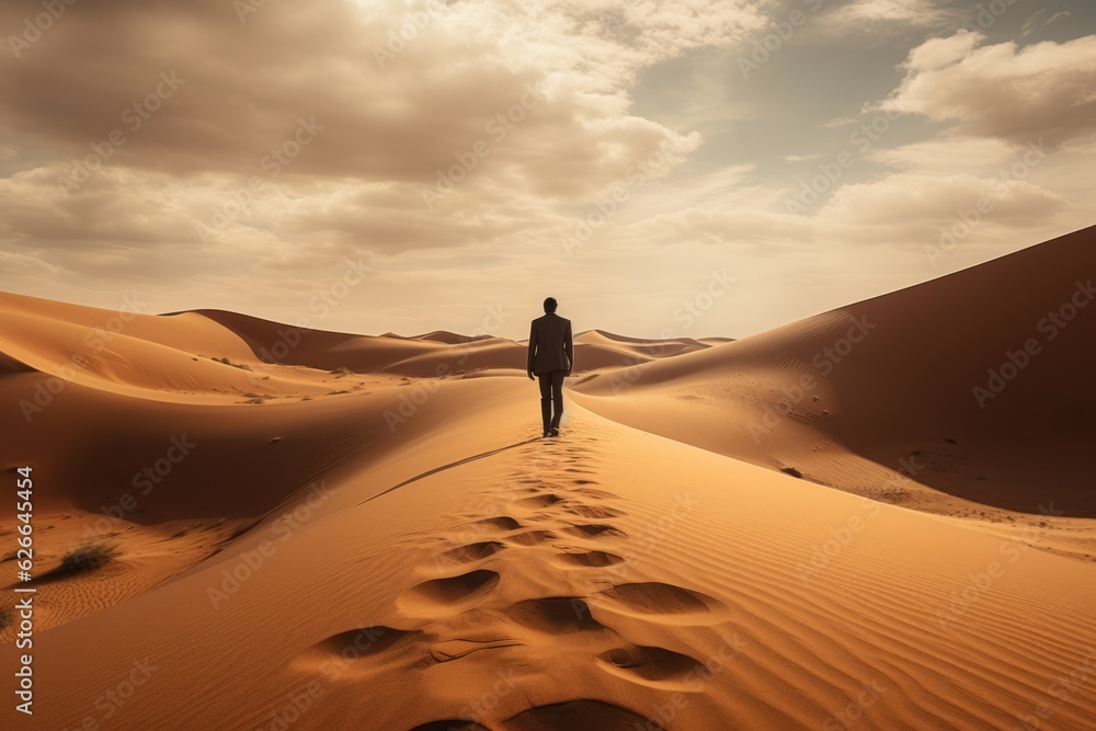 An unrecognizable man in a business suit walks through the sandy desert. Path to success and obstacles. 