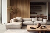 Elegant japandi living room interior with cozy beige couch, wooden table, brown wood style, modern design, luxury furniture in apartment