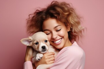 Happy young woman with curly hair hugging cute puppy, smiling as pet owner holding dog with love and care in studio, isolated on pink background