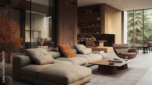 Cozy japandi home interior with beige sofa in living room