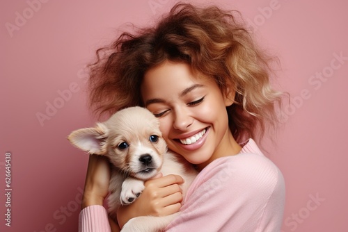 Happy young woman with curly hair hugging cute puppy, smiling as pet owner holding dog with love and care in studio, isolated on pink background