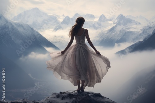 Leinwand Poster A ballerina in a beautiful dress stands on top of a snowy mountain