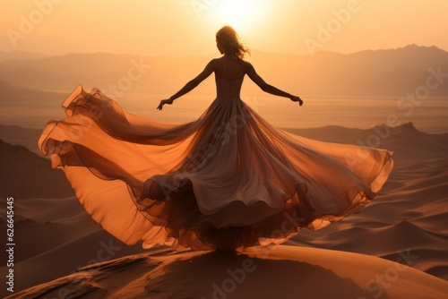 An unrecognizable woman in a beautiful fashionable dress is standing in the desert. Luxury fashion concept. 
