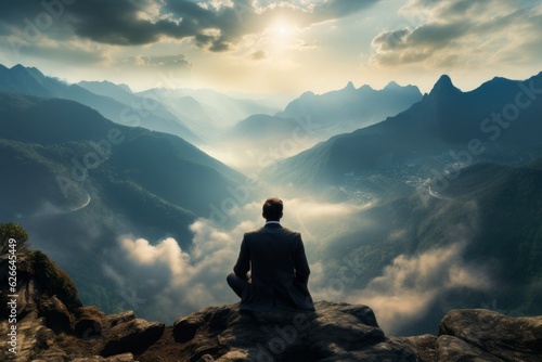 An unrecognizable man in a business suit is meditating on a mountain. Success in business. 