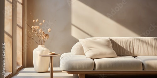 Elegant beige living room with cozy couch, wooden decor in Japandi style, modern interior, concrete wall, sunlight through window in the morning