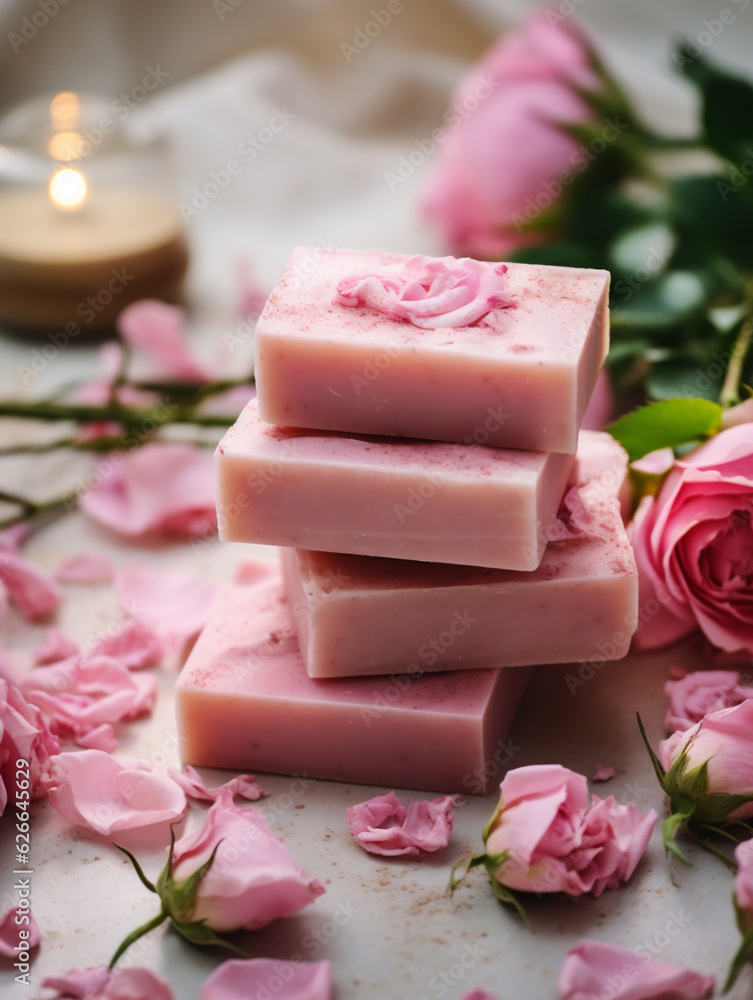 Natural handmade soap bars with roses oil, spa organic product, ai generated Natural handmade soap bars with roses oil, spa organic product, ai generated