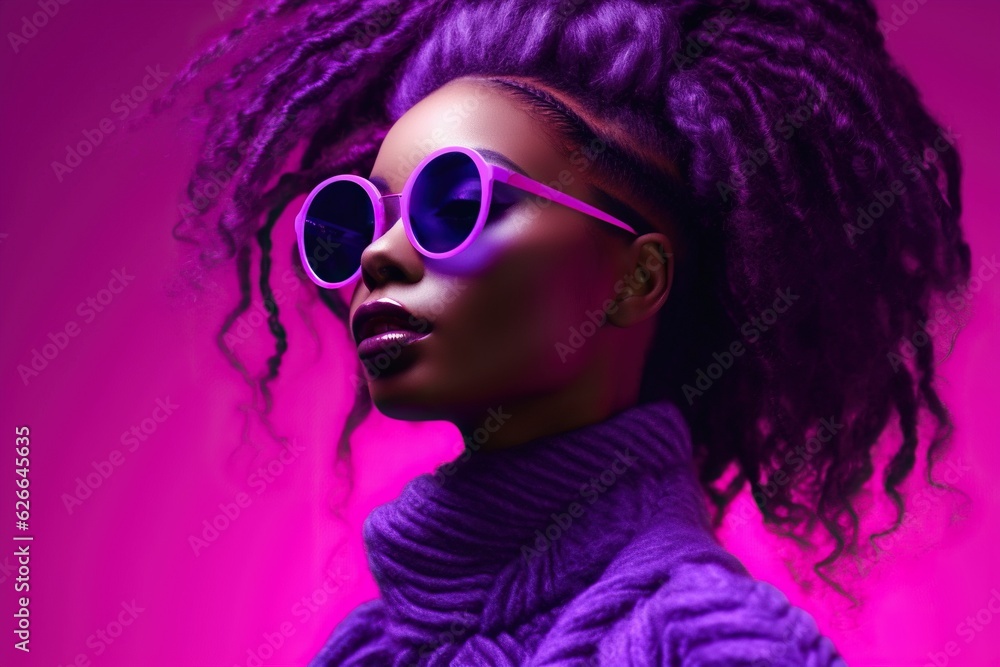 High fashion studio portrait of young african american woman with sunglasses, beautiful makeup, neon colors High fashion studio portrait of young african american woman with sunglasses, beautiful makeup, neon colors