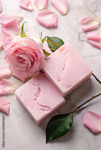 Natural handmade soap bars with roses oil, spa organic product, ai generated