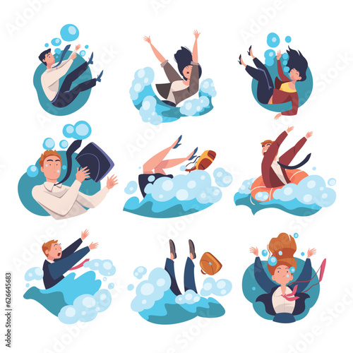 People Entrepreneur Character Drowning in Water Vector Set