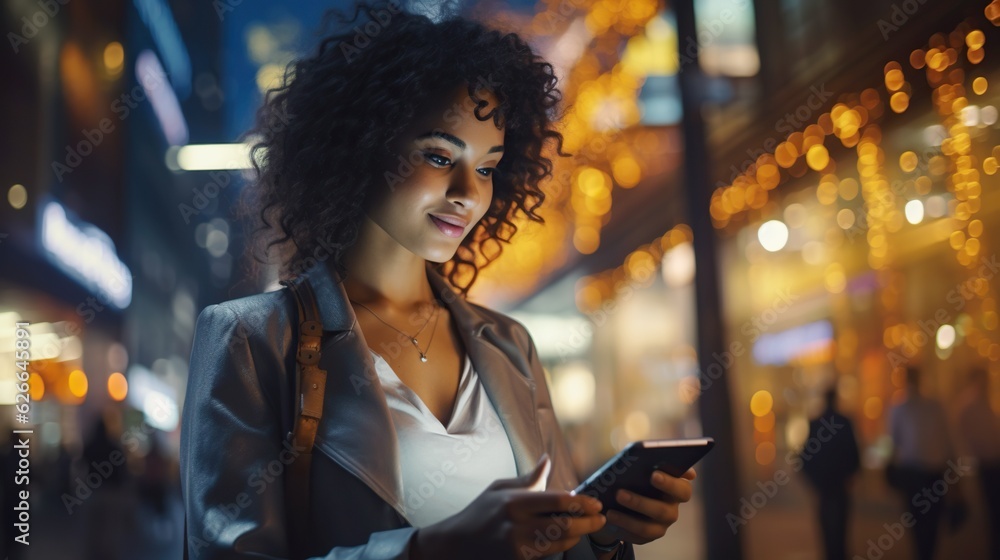 Night city scene, woman using mobile app on the phone under neon lights of street - obrazy, fototapety, plakaty 