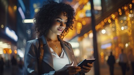 Night city scene, woman using mobile app on the phone under neon lights of street