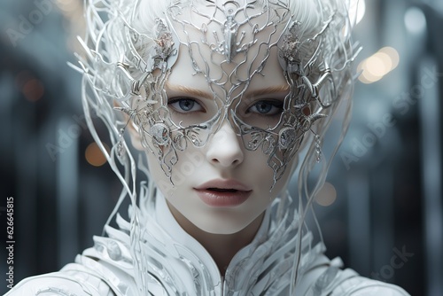 Futuristic fashion model in silver digital tech face mask, metaverse trend, woman with metallic accessories, portrait of cyber clothing future, ar jewellery trendsetter