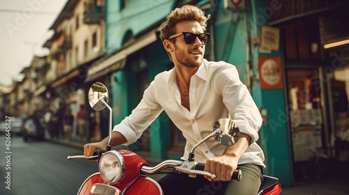 Young man riding a vintage red scooter in the city streets of Italy, travel, summer vacation