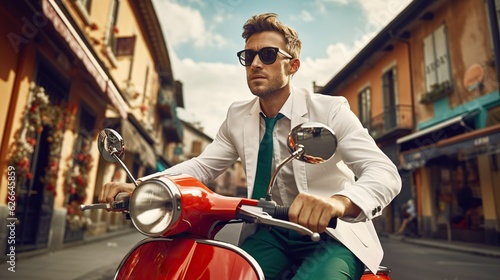 Young man riding a vintage red scooter in the city streets of Italy, travel, summer vacation