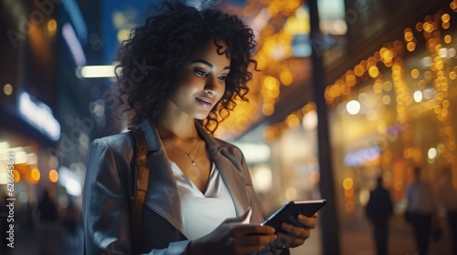 Night city scene, woman using mobile app on the phone under neon lights of street photo