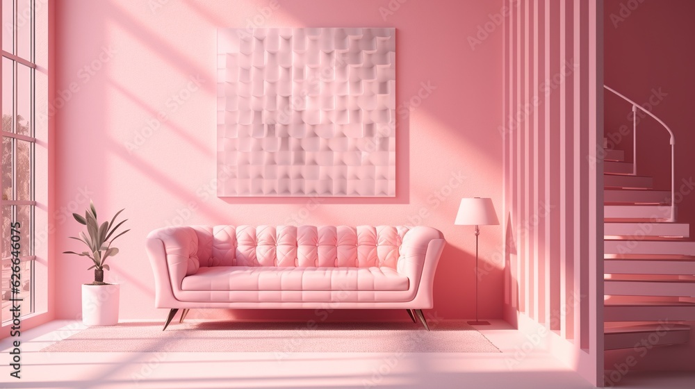 Fototapeta premium Modern living room with pink monochrome design, close-up of luxury couch, elegant decor