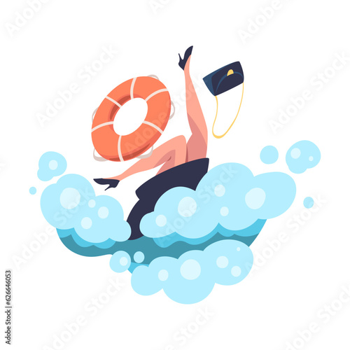 Woman Entrepreneur Character Drowning in Water Vector Illustration