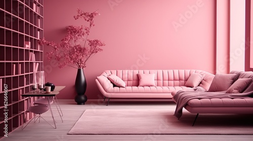 Modern living room with pink monochrome design, close-up of luxury couch, elegant decor