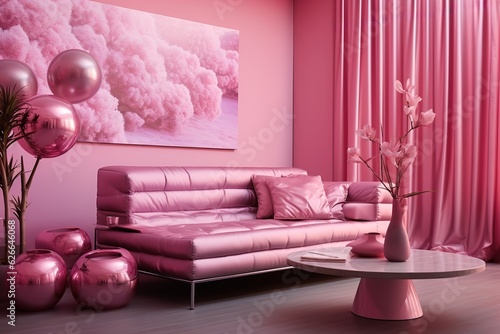 Modern living room with pink monochrome design  close-up of luxury couch  elegant decor