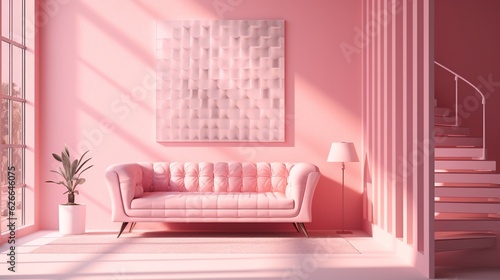 Modern living room with pink monochrome design  close-up of luxury couch  elegant decor