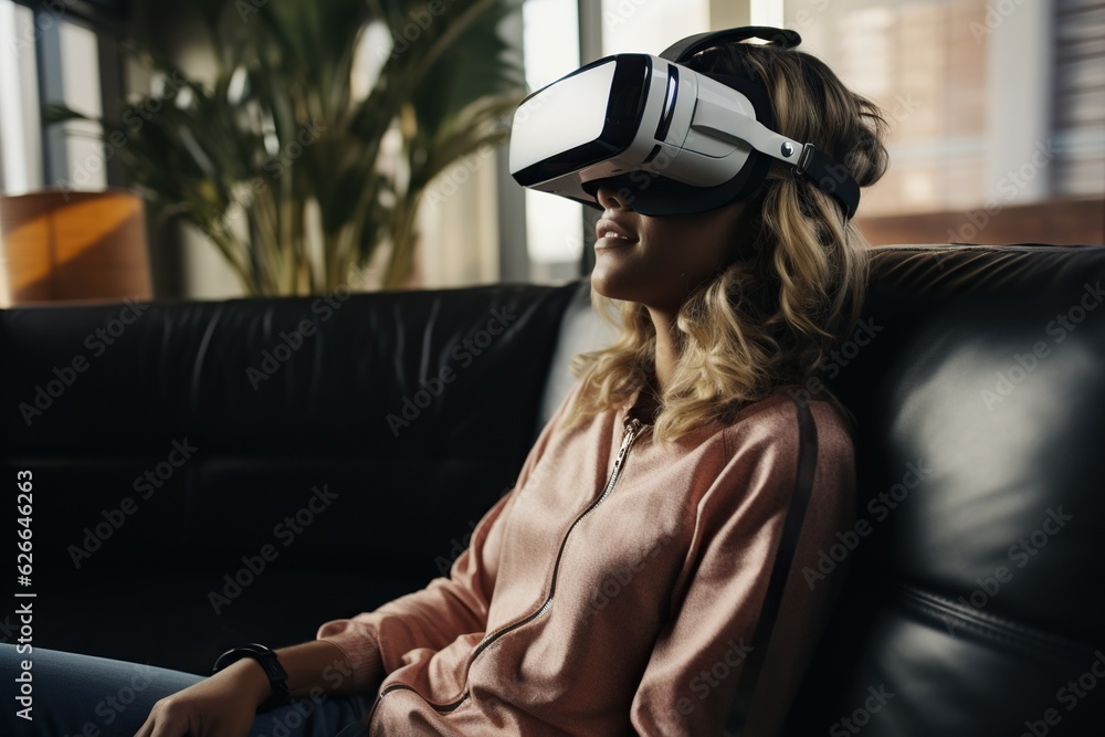 Woman immersed in virtual reality gaming on sofa, casual adult using tech vr headset at home Woman immersed in virtual reality gaming on sofa, casual adult using tech vr headset at home