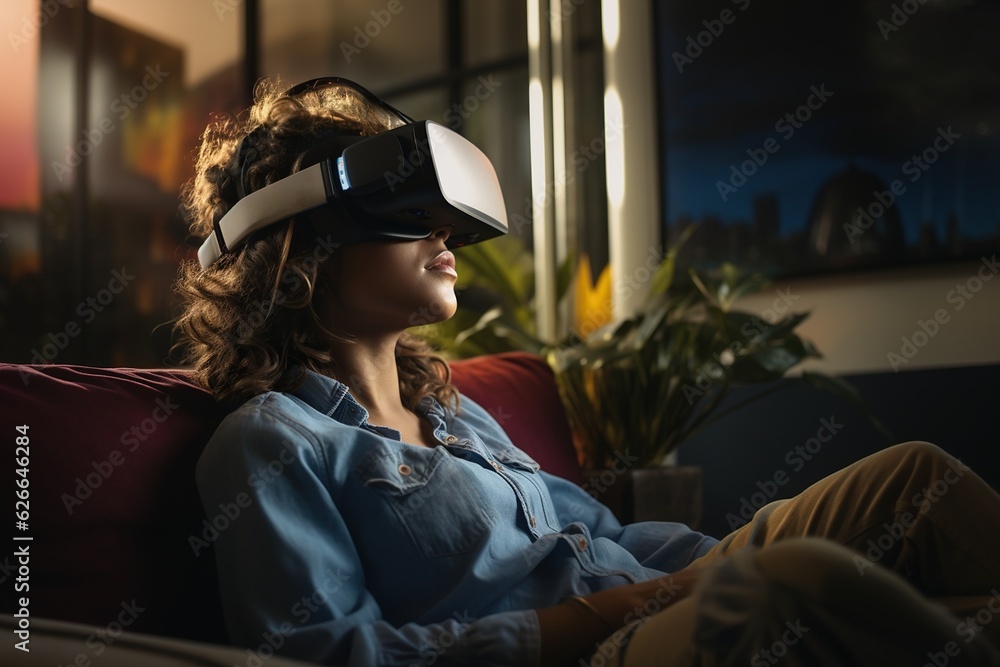Woman immersed in virtual reality gaming on sofa, casual adult using tech vr headset at home