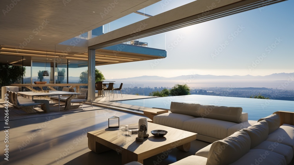 Fototapeta premium Luxury home with modern pool at sunrise, contemporary villa architecture, resort style hotel with beautiful interior and exterior design, backyard view, summer vacation and real estate concept