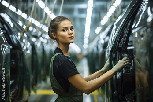 Female engineer worker in automotive factory, car manufacturing process, assembly line production, woman technician at conveyor, auto industry technology