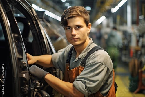 Engineer worker in automotive factory, car manufacturing process, assembly line production, technician at automobile frame on futuristic conveyor, auto industry technology
