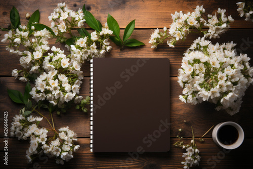 Blooming creativity, Notebook with black pencil accompanied by white flowers on wooden table Generative AI