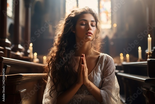 Young woman as a deep prayer at a catholic church, hands held in worship towards the light, expressing faith and spirit in the holy