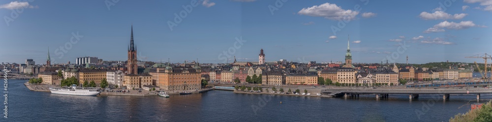 Panorama, view from the board walk Monteliusvägen in the district Södermalm cliff Maria Berget, a sunny summer evening in Stockholm