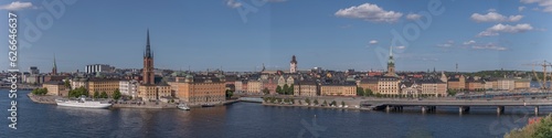 Panorama, view from the board walk Monteliusvägen in the district Södermalm cliff Maria Berget, a sunny summer evening in Stockholm