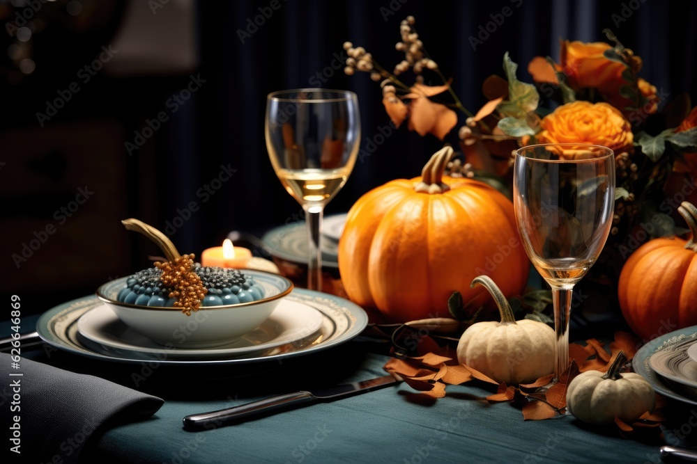 Modern table setting for fall holidays, thanksgiving, halloween, wedding with pumpkins and autumn leaves