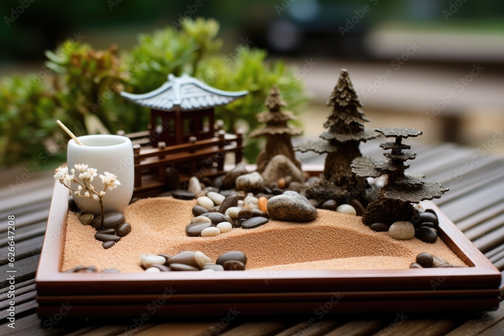 Zen garden with stones, plants, sand. Spa therapie and meditation concept