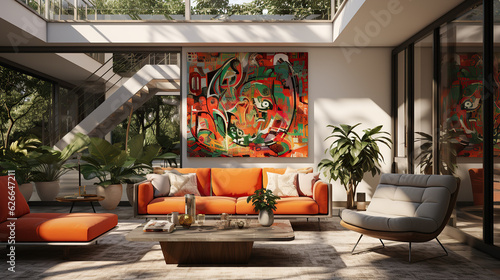 Stylish Living Room Interior with a Frame Poster Mockup  Modern Interior Design  3D Render  3D Illustration